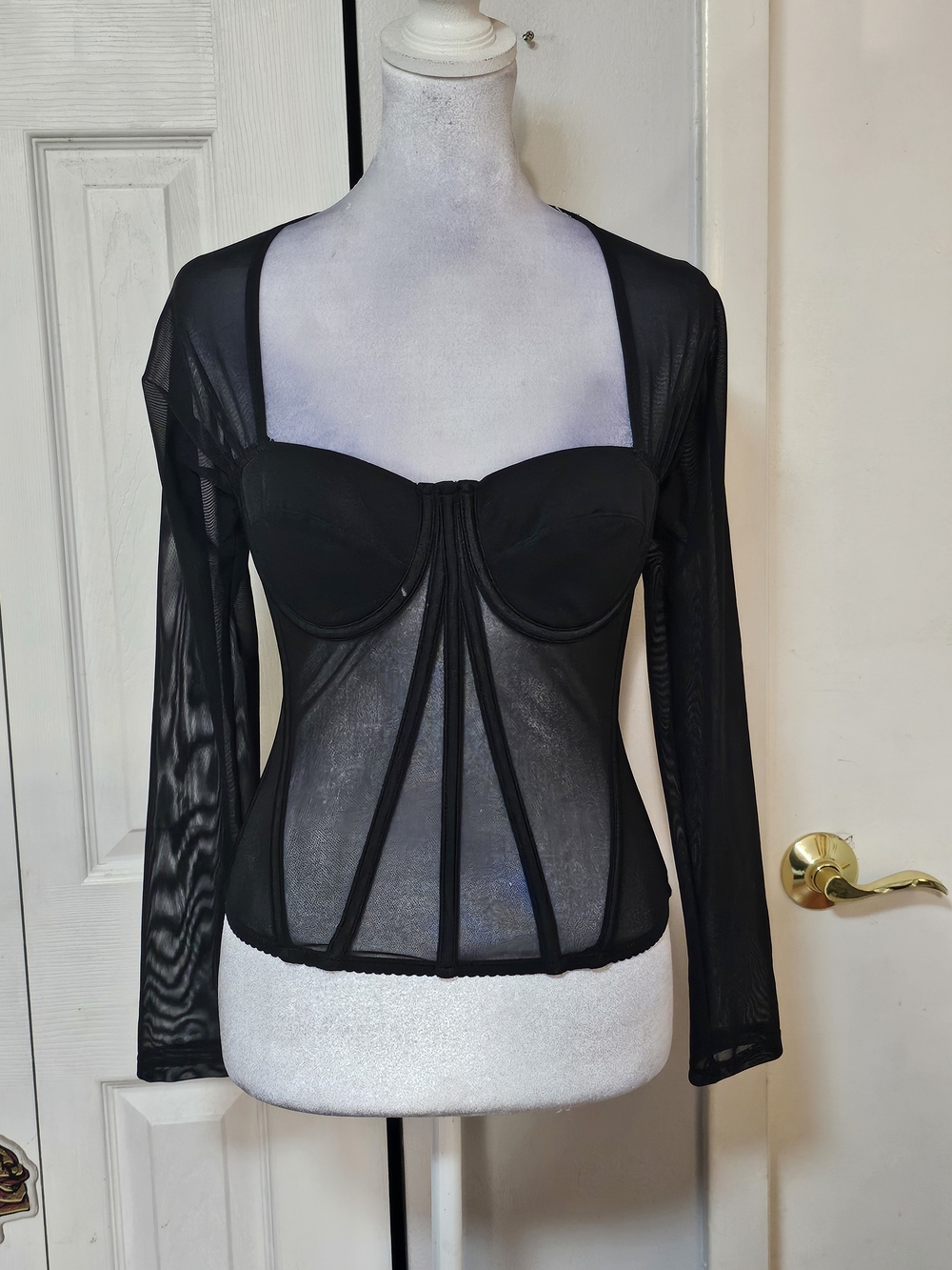 Black Sheer Corset-Detail Long Sleeve Camisole